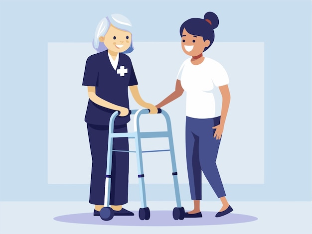 an old woman with a walker and a nurse