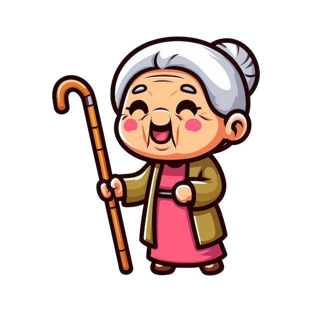 an old woman with a walking stick with a cartoon image of an old woman holding a walking stick