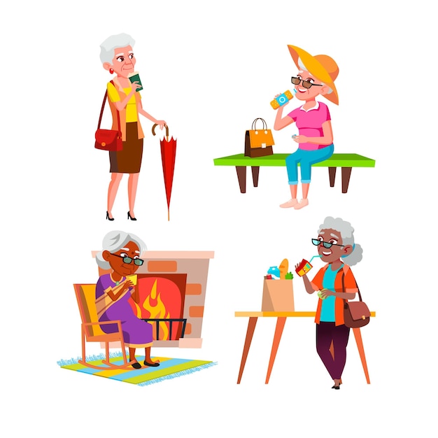 Old Women Hold Cup And Drinking Drink Set