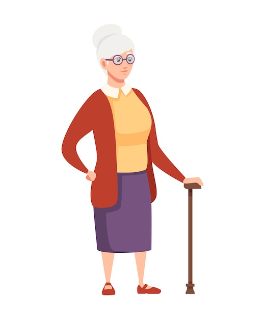 Old women standing with cane and glasses cartoon character design