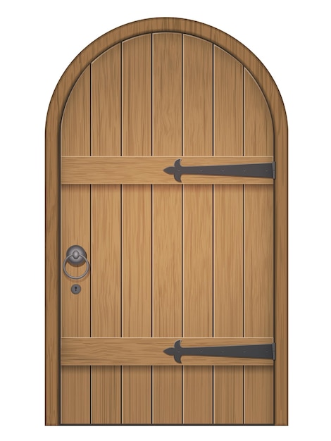 Old wooden arch door Closed door made of wooden planks with iron hinges Vector isolated illustration