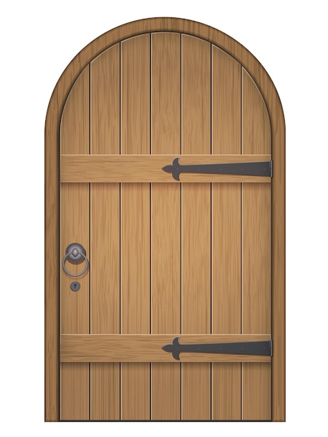 Old wooden arch door closed door made of wooden planks with iron hinges vector isolated illustration