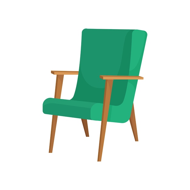 Old wooden armchair with green upholstery Cushioned furniture for living room Sort chair Element of home interior Colorful vector icon Illustration in flat style isolated on white background