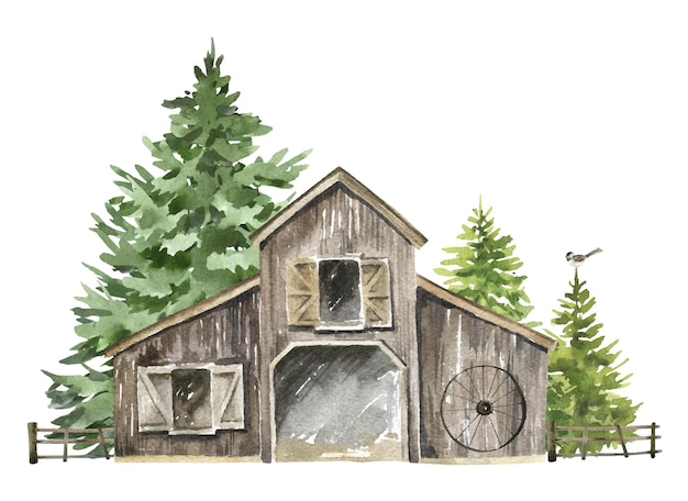 Vector old wooden barn watercolor illustration