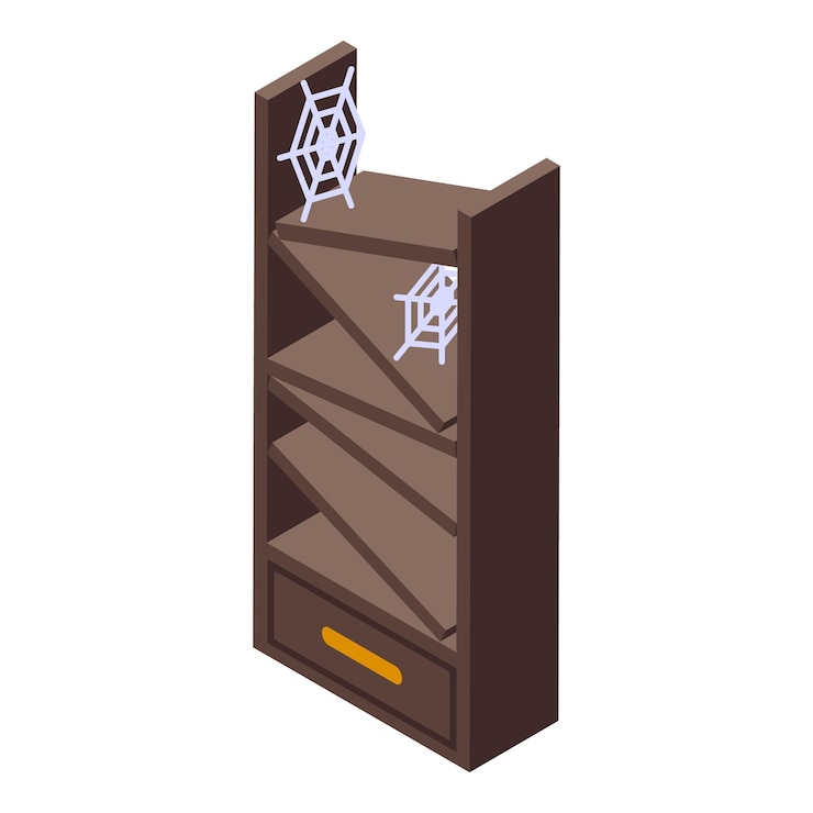 Vector old wooden bookcase covered with cobwebs isometric illustration