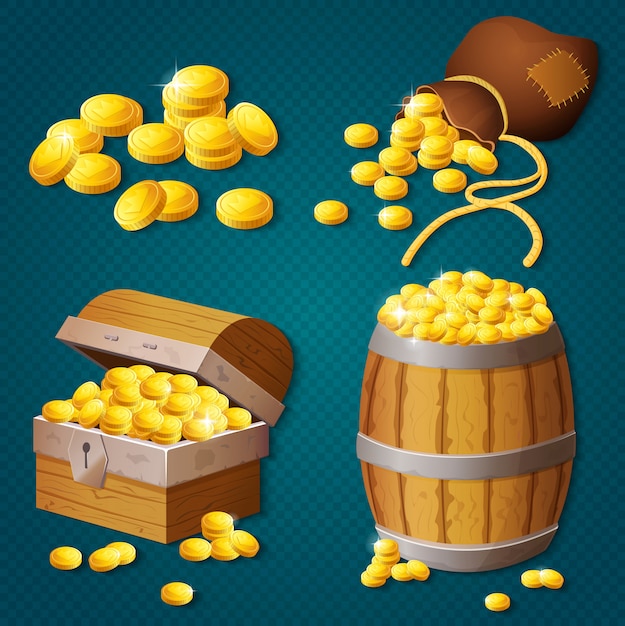 Vector old wooden chest, barrel, old bag with gold coins. game style treasure vector illustration.