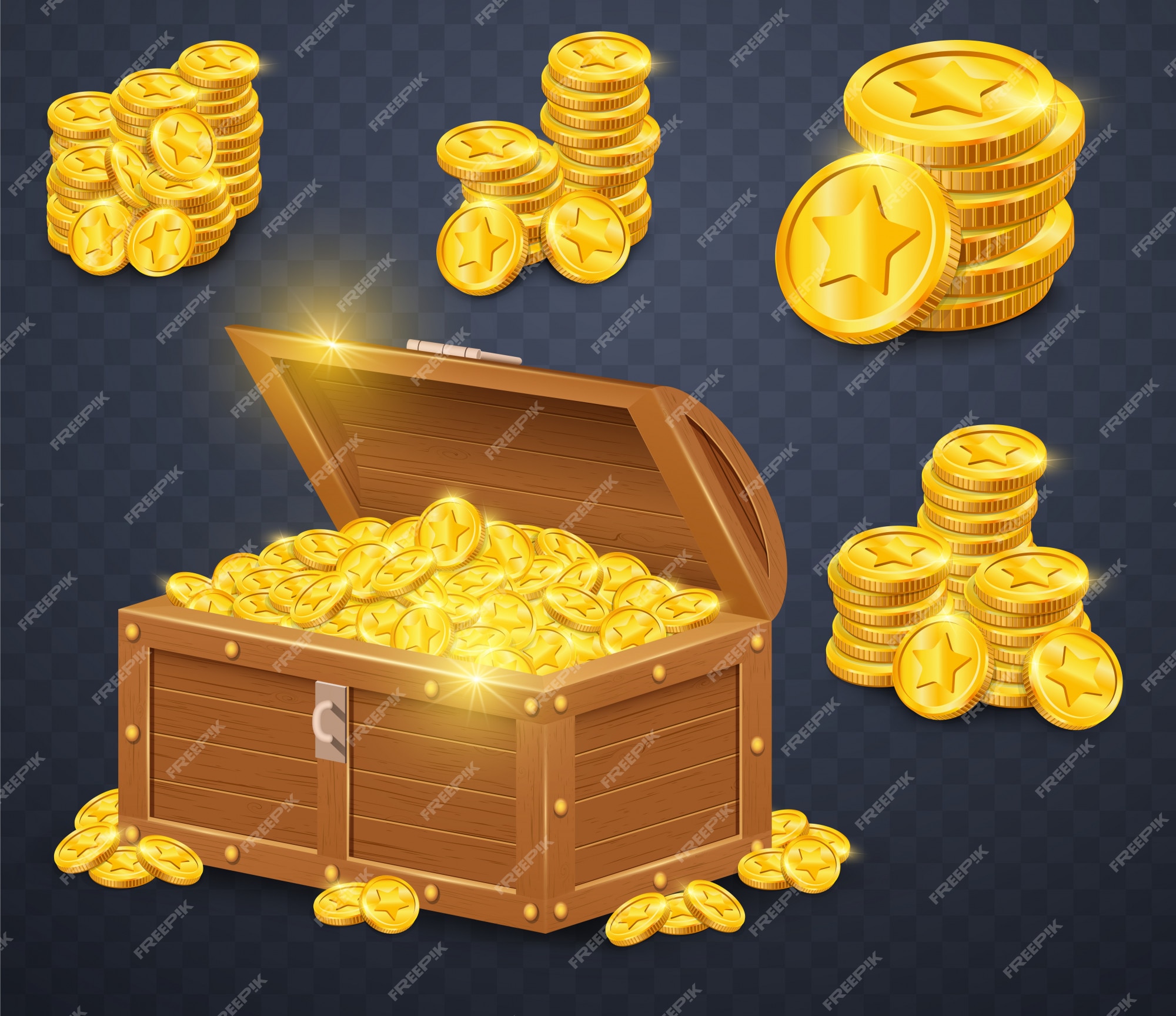 Ancient gold coins in heavy open wooden chest Vector Image