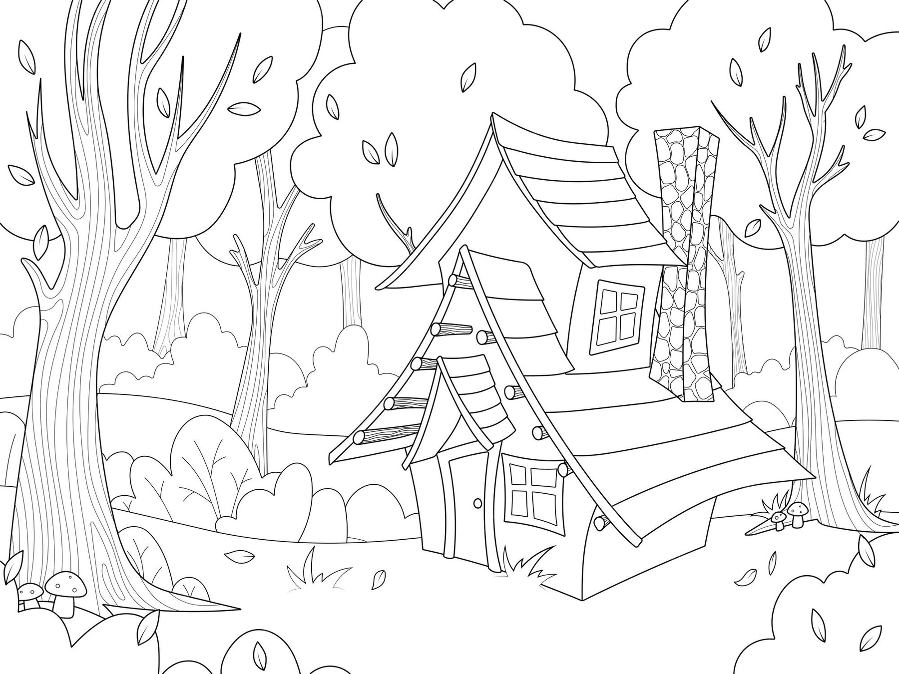 Premium Vector | An old wooden house in fores Coloring book for