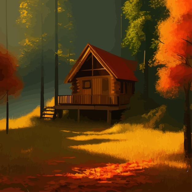 Old wooden hut in autumn forest in bright orange colors autumn to protect yourself from hustle and