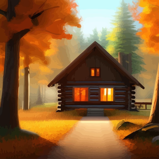 明るいオレンジ色の秋の森にある古い木造の小屋は、喧騒から身を守るために秋を迎えます。