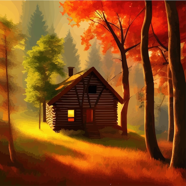 Vector old wooden hut in autumn forest in bright orange colors autumn to protect yourself from hustle and