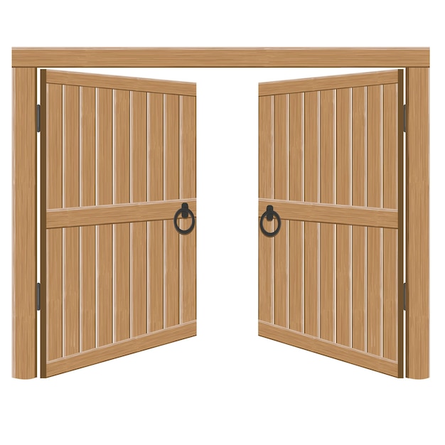 Вектор Старые деревянные массивные открытые ворота векторная иллюстрация двойная дверь с железными ручками и петлями