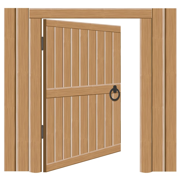 Vector old wooden massive open gates vector illustration single door with iron handles and hinges