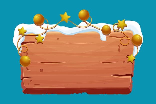 Vector old wooden signboard with snow and gold stars balls in cartoon style