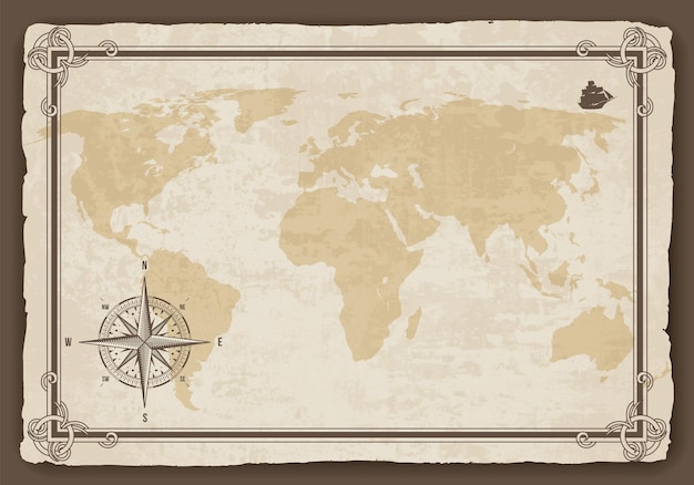 ベクトル 旧世界地図。ボーダーフレームと紙のテクスチャ。風配図。