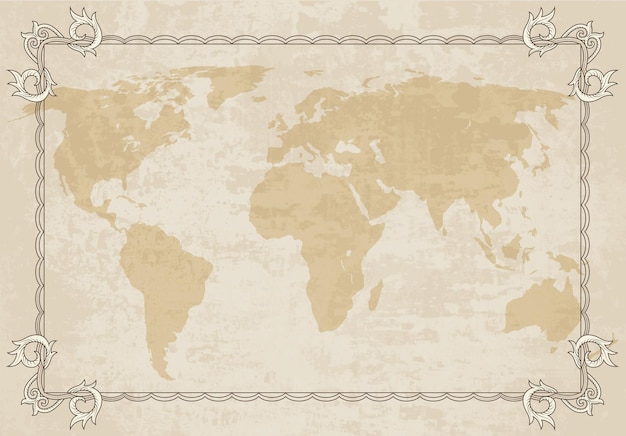 Old world map with frame Retro design banner Decorative antique museum picture Element for marine theme and heraldry Vector paper texture