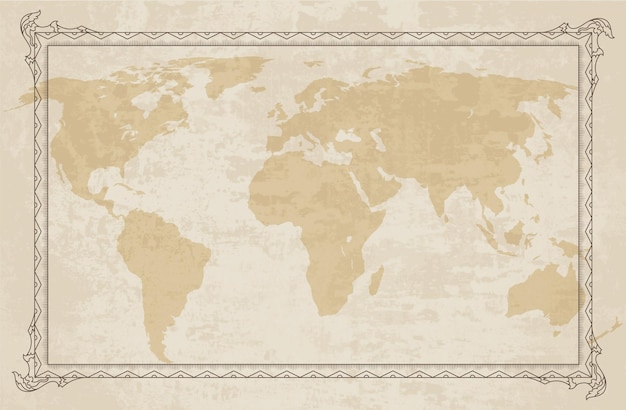 Vector old world map with frame retro design banner decorative antique museum picture element for marine theme and heraldry vector paper texture