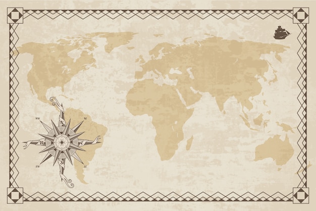 Vector old world map with paper texture and border frame. wind rose. vintage nautical compass.