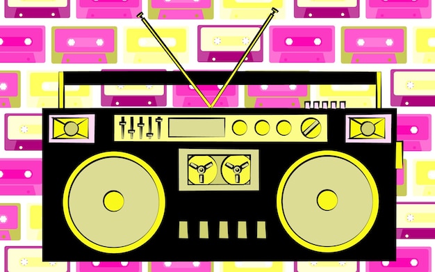 Вектор Старый желтый и черный ретро винтажный антикварный хипстерский устаревший кассетный музыкальный магнитофон