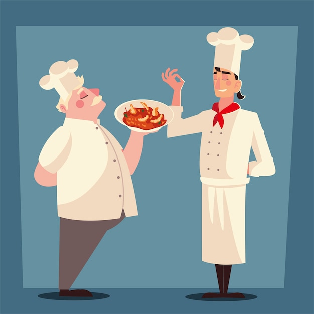 Old and young chef with soup platter worker professional restaurant vector illustration