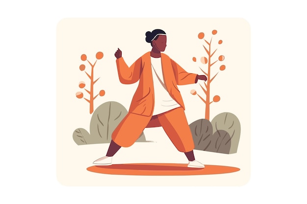 Older Black woman doing Tai Chi outdoor flat illustration