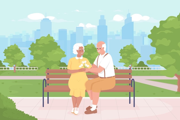 Older couple on romantic date flat color vector illustration