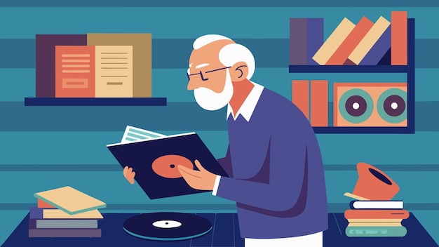 Vector an older gentleman carefully flips through records pausing every now and then to share a story from