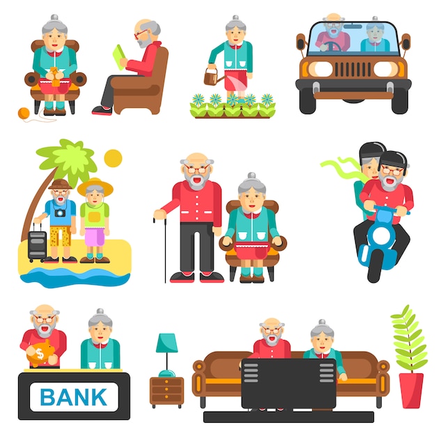 Vector older people life style vector flat icons