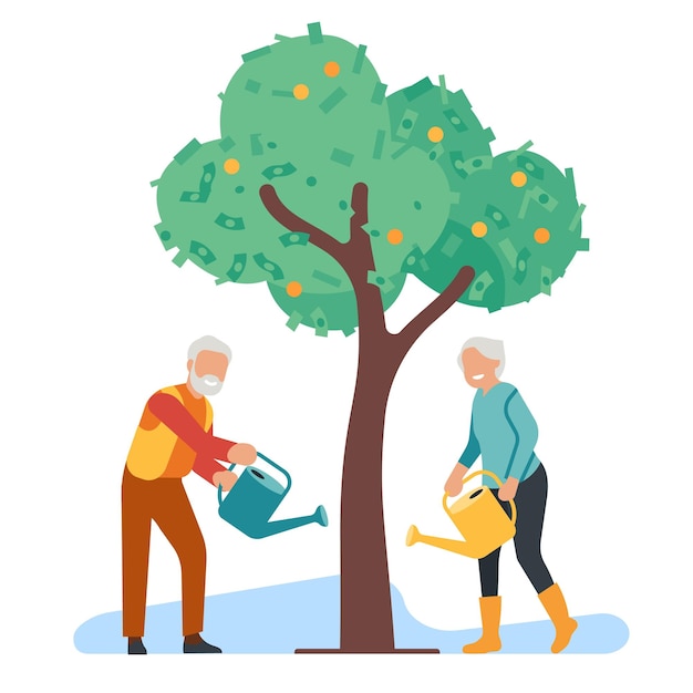 Older people watering money tree with retirement savings Grandparents investing cash currency Financial fund for seniors Grandma and grandpa planning finance profit Vector concept