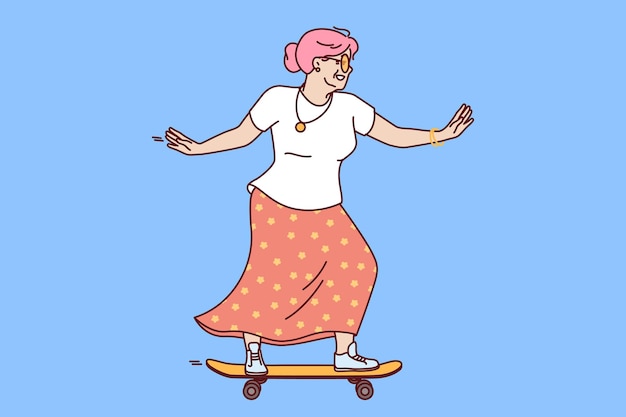 Older woman rides skateboard wanting to stay young and act like teenager heading to skatepark