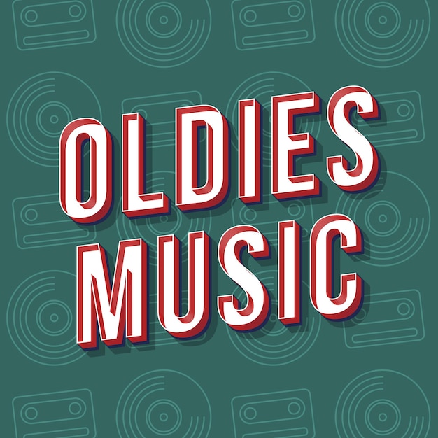 벡터 oldies 음악 빈티지 3d 벡터 레터링입니다. 레트로 굵은 글꼴, 서체. 팝 아트 양식된 텍스트입니다. 올드 스쿨 스타일의 편지. 90년대, 80년대 포스터, 배너. 짙은 녹색 비닐, 카세트 배경