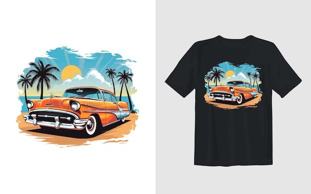 Oldtimer op het zomerstrand cartoon vector illustratie auto t shirt design