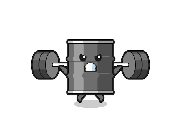 Vector olie drum mascotte cartoon met een barbell, schattig design