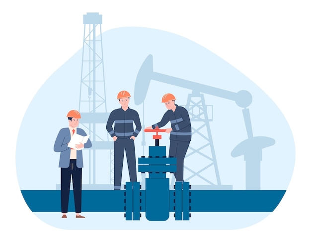 Olie gas pijpleiding concept Platte petroleum gas werknemers en pomp Onderhoudstechniek industrieel ingenieur monteur recente vector scène van pijpleiding aardolie illustratie