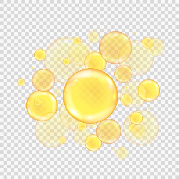 Olie gouden bubbels geïsoleerd op transparante achtergrond. Realistische gouden collageenballen.
