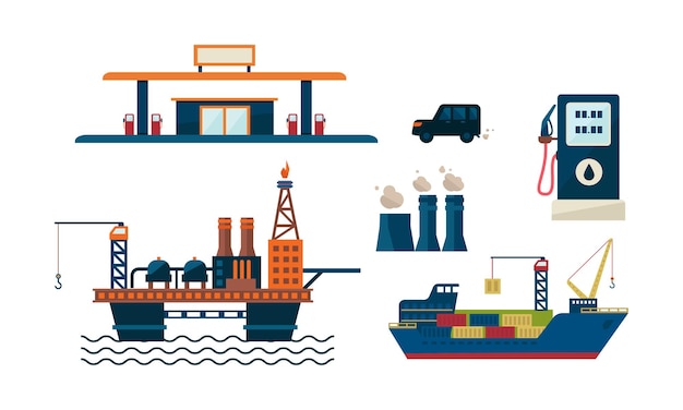 Vector olie-industrie bedrijfsconcept plat vecroe ontwerp van olieplatform tankstation auto schip en fabriek