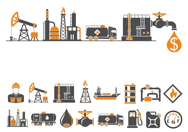 Vector olie-industrie concept met twee kleuren plat pictogrammen extractie productie en transport benzine