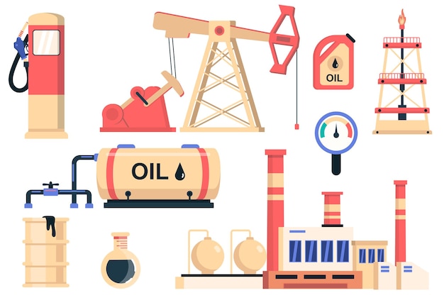 Vector olie-industrie geïsoleerde elementen set bundel van benzinestation brandstof bus olievat productie