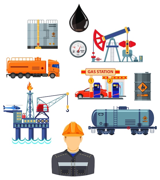 Vector olie-industrie infografieken met platte pictogrammen winning productie en transport olieman