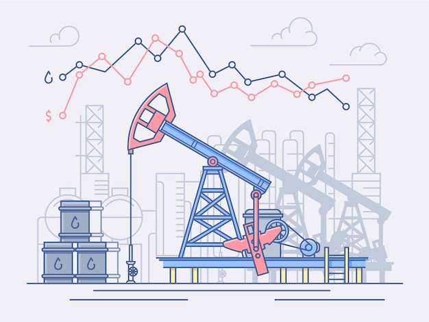 Olie-industrie, pompen, handel. grafiek van prijsveranderingen en winsten.