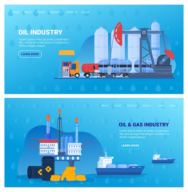 Olie-industrie vector illustratie set, cartoon plat industriële platte banner collectie met boren offshore-platform, opslagtank