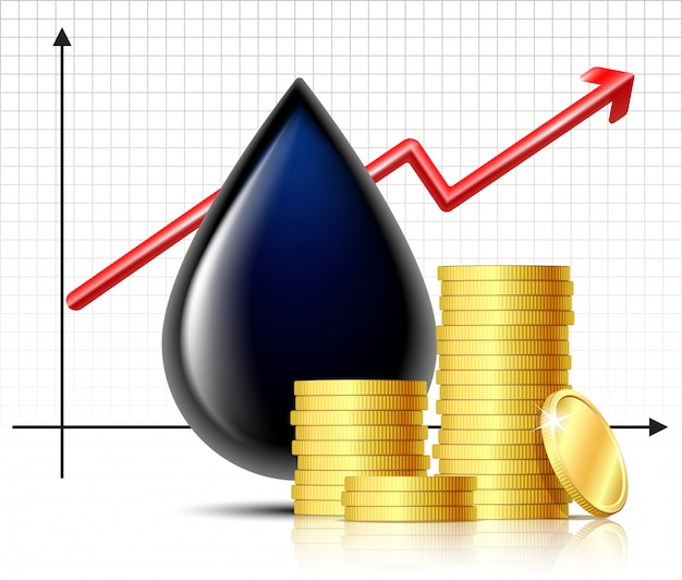 Olie vat prijs stijgt grafiek en zwarte druppel olie met stapel gouden munten. aardolie infographic, prijsstijgingen concept. oliemarkttrend. .