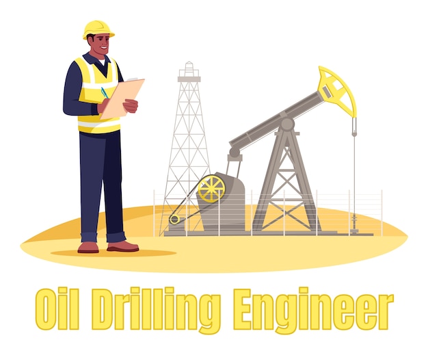 Oliebooringenieur semi rgb-kleurenillustratie. booreiland operator. aardolieproductie. gas industrie mannelijke werknemer stripfiguur op witte achtergrond met typografie