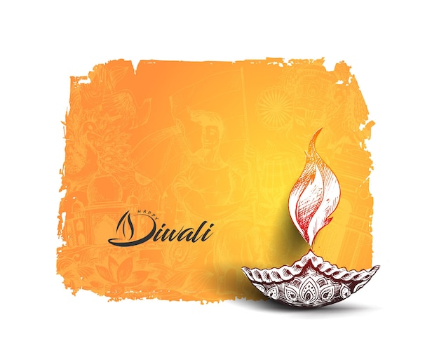 Olielamp - diya, Diwali festival, Hand getrokken schets vectorillustratie.