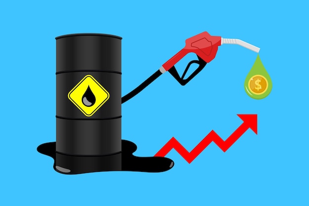 Olieprijs stijgt concept Benzine gele brandstofpomp mondstuk geïsoleerd met druppel olie op rode groei