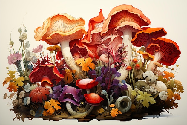 olieverf Surrealistische fantasie land met een groot bos vol van alle maten paddenstoelen