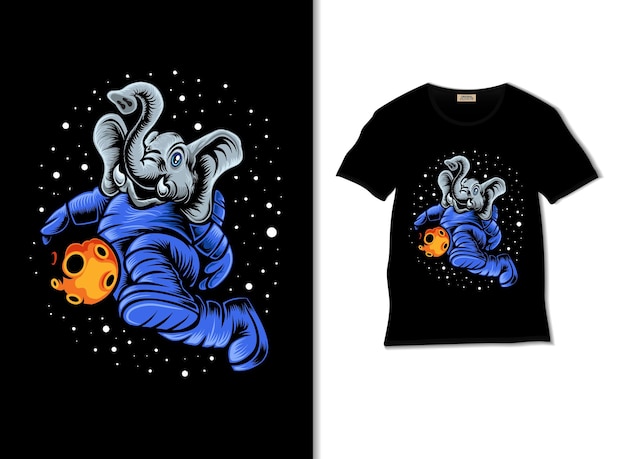 Olifant die voetbal speelt in de ruimteillustratie met t-shirtontwerp