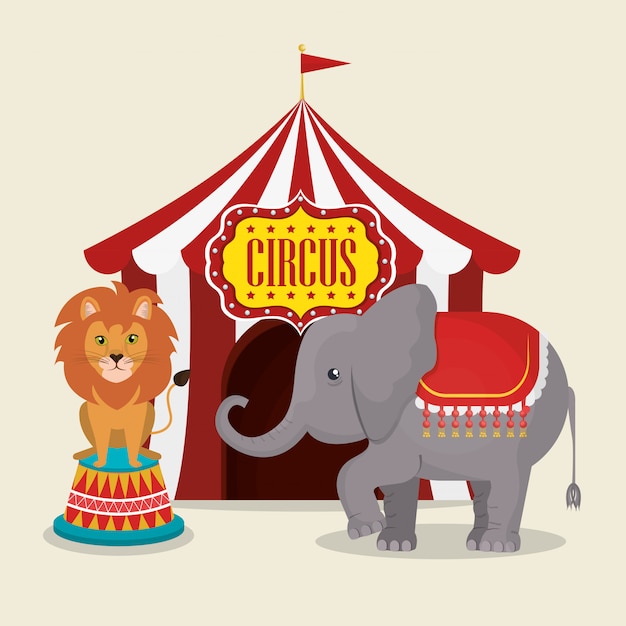 Vector olifant en leeuw bij de circusshow