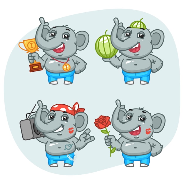 Olifant houdt Cup Recorder watermeloen bloem tekenset. Vectorillustratie. Mascotte karakter.