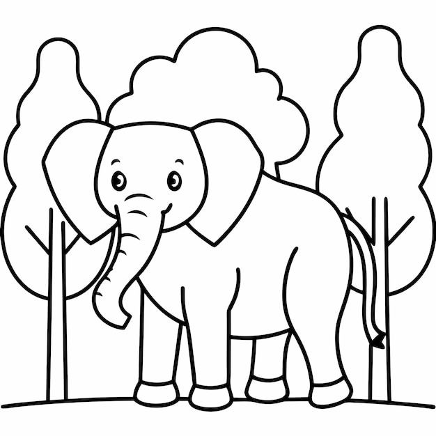 Olifant in Forest Line Art Vector Color Zwart-wit silhouet en Line Art illustratie